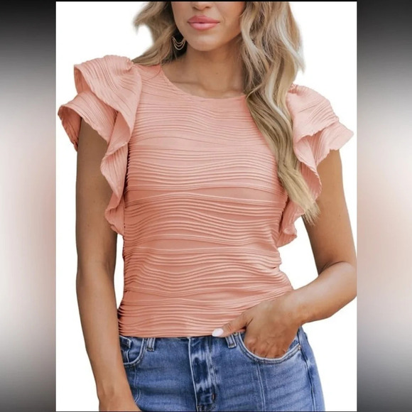 Womens Tops Casual Crewneck Ruffle Short Sleeve T Shirts Slim Fit Dressy… - Picture 1 of 6